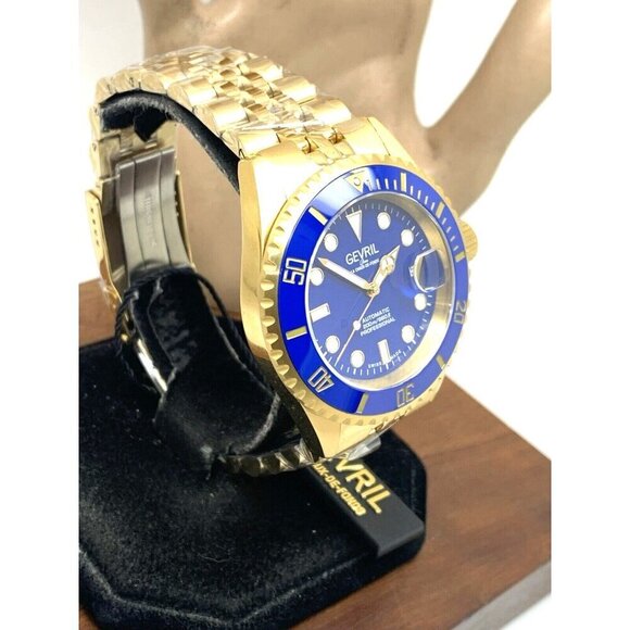 Gevril Men's Watch 4854B Wall Street Swiss Automatic Diver Blue Dial Gold 43mm - Picture 15 of 15